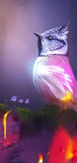 Vivid fantasy bird glowing in a mystical landscape, perfect mobile wallpaper.