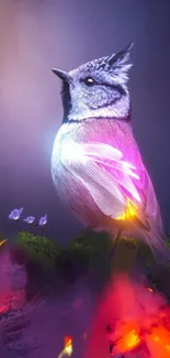 Fantasy bird emitting colorful glow in vibrant landscape.