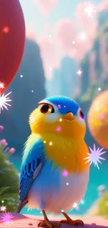 Colorful fantasy bird amid vivid nature scene.