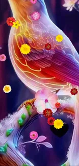 Fantasy wallpaper with a colorful bird and vibrant flowers.