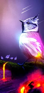 Fantasy bird with vibrant glow on fiery landscape wallpaper.