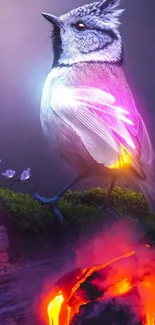 Fantasy wallpaper with a vibrant neon bird and glowing elements.