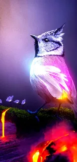 A purple and pink glowing bird perched on a mossy lava rock in a fantasy setting.