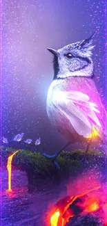 Fantasy bird on glowing moss with vibrant colors.