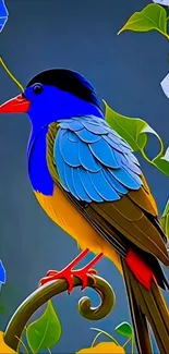 A colorful bird with detailed floral patterns and vibrant colors on a branch.