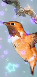 Colorful hummingbird with neon stars in vibrant wallpaper.