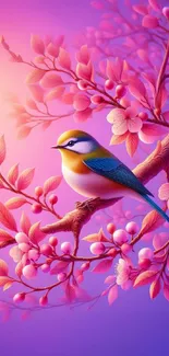 Colorful bird perched on pink cherry blossom branch.