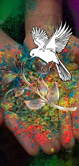 White bird soaring over colorful hands with vibrant powder.