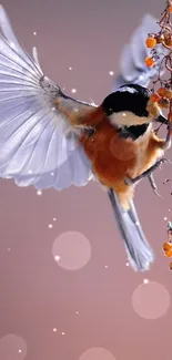 A vibrant bird in flight amidst orange berries on a light brown background.