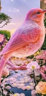 A pink bird amidst lush flowers and greenery.