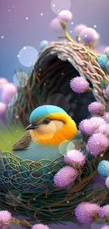 A colorful bird sits in a whimsical nest surrounded by pink and blue flowers.