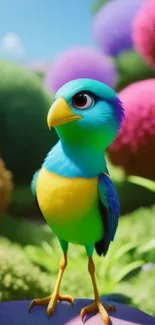 Vibrant colorful bird in lush, whimsical landscape.