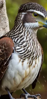 Vibrant bird perched on branch with green leafy background.