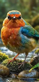 A vibrantly colored bird perched in a lush, green forest setting.