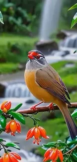 Vibrant bird perched with flowers and greenery.