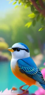 A vibrant blue bird perched amid lush greenery by a tranquil lake.