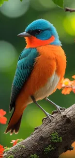 Colorful bird perched on a branch surrounded by flowers.