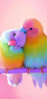 Two pastel lovebirds cuddling on a pink background.