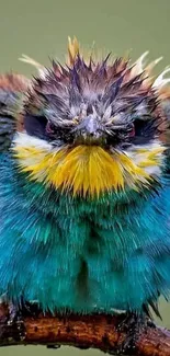 Colorful bird with vibrant teal feathers on branch.