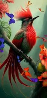 A vibrant bird with red feathers in a lush green setting, perfect for nature lovers.