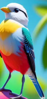 Vibrant bird perched on a pink surface with blue sky and green leaves.