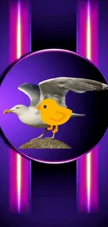 Seagull and neon bird on purple background wallpaper.