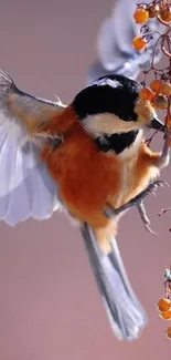 Bird perched on branch with orange berries, showcasing vibrant colors.