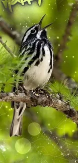 Black-and-white bird on bright green tree branch wallpaper.