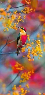 Vibrant bird perched on colorful autumn branch wallpaper.