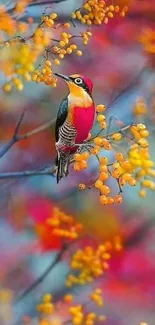 A vibrant bird sits on a branch among orange berries in an autumn scene.