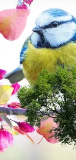 Colorful bird perched on blossoming tree branch, displaying vibrant hues.