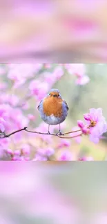 A vibrant bird perched on pink cherry blossoms, set in a serene natural background.