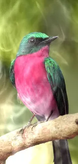 A vibrant pink and green bird perched on a branch against a blurred background.