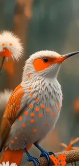 Vibrant orange and white bird on a branch in a nature scene wallpaper.