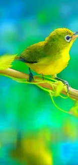 Green and yellow bird on a branch, vivid colors.