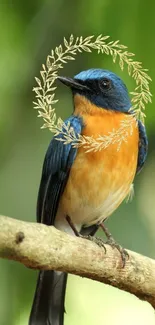 Colorful bird perched on a branch with green background.