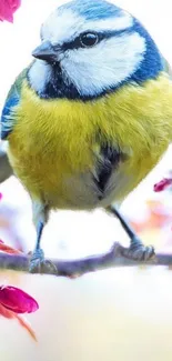 A vibrant bird perched on a branch with colorful flowers.