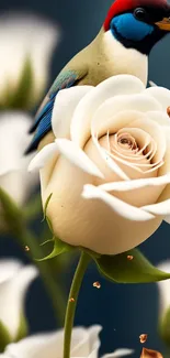 Bright bird perched on a cream rose.