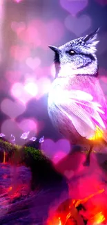 A vibrant bird surrounded by glowing hearts on a colorful background.