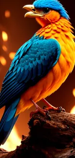 Colorful bird with blue and orange feathers on a fiery background wallpaper.