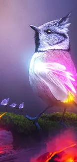 A vibrant bird with glowing wings on a fiery landscape.