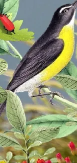 Colorful bird perched on vibrant green leaves, surrounded by natural foliage.