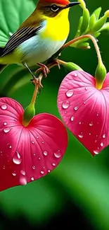 Colorful bird on red heart-shaped leaves with dew.