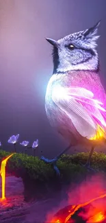 A colorful bird perched on a lava-covered cliff with glowing flowers.