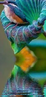 Colorful kingfisher perched on a leaf reflected in water.