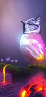 Colorful fantasy bird with glowing molten landscape.