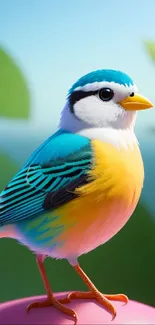 Colorful bird perched on a pink sphere with a blue background.