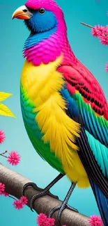 Colorful bird sitting on a branch with pink flowers.