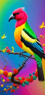 Vibrant colorful bird on a rainbow branch background.