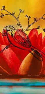 Illustrated red bird perched on vibrant red lotus on water.